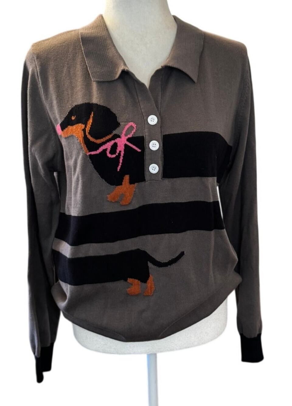 OXKNIT Dachshund Knit Sweater NWT Long Sleeve Polo Collar Dog Pullover (L)